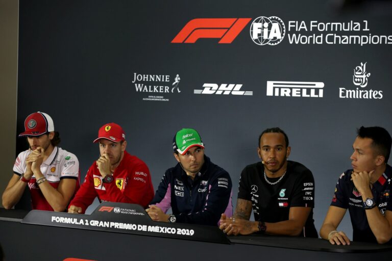 Antonio Giovinazzi, Sebastian Vettel, Sergio Perez, Lewis Hamilton, Alexander Albon, racingline, sajtótájékoztatón