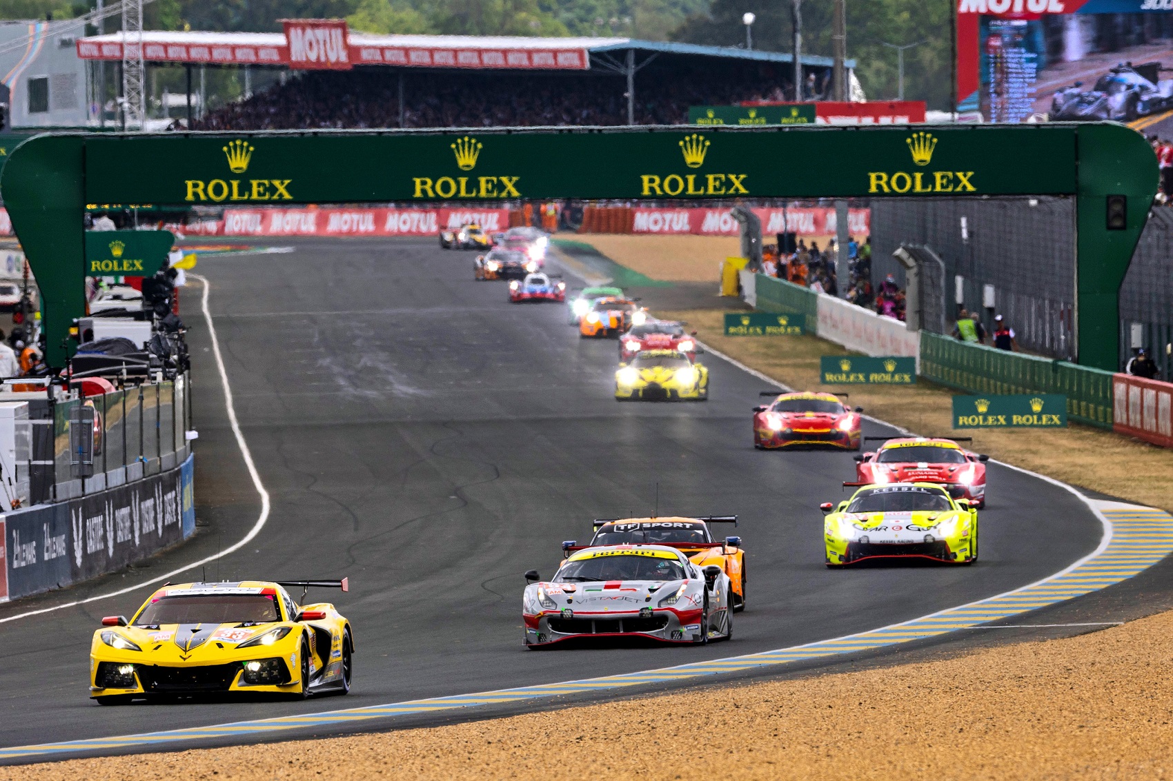 The #33 Mobil 1/SiriusXM Chevrolet Corvette C8.R driven by Nicky Catsburg, Ben Keating and Nico Varrone, races to victory in the GTE Am class Sunday, June 11, 2023, winning the FIA World Endurance Championship 100th 24 Hours of Le Mans at Circuit de la Sarthe in Le Mans, France