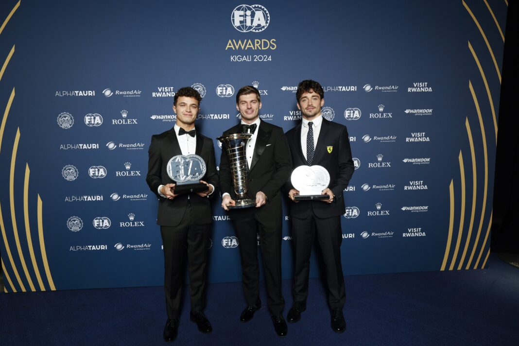 Lando Norris, Max Verstappen, Charles Leclerc, FIA, gála