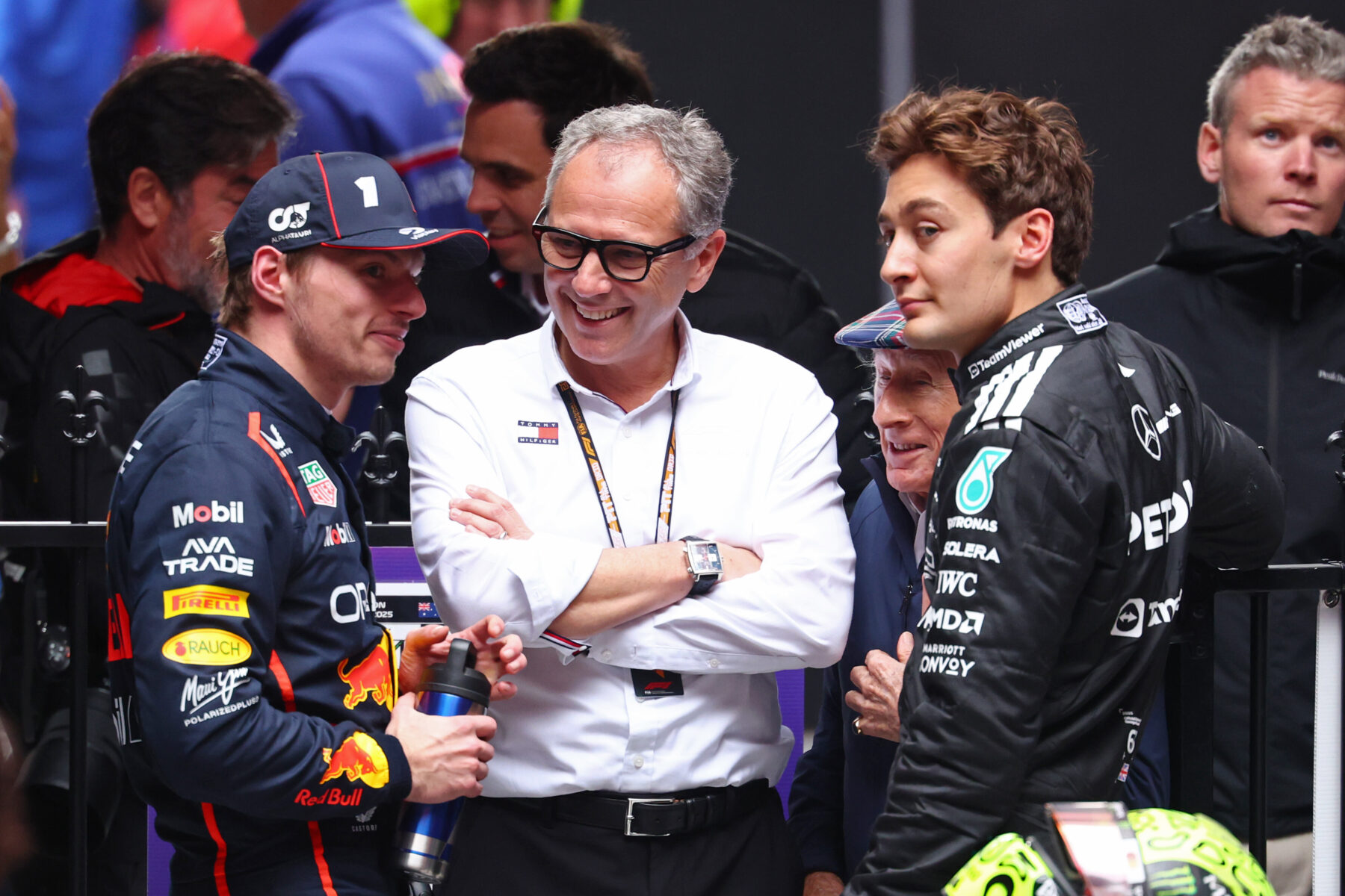 Max Verstappen, Stefano Domenicali, George Russell